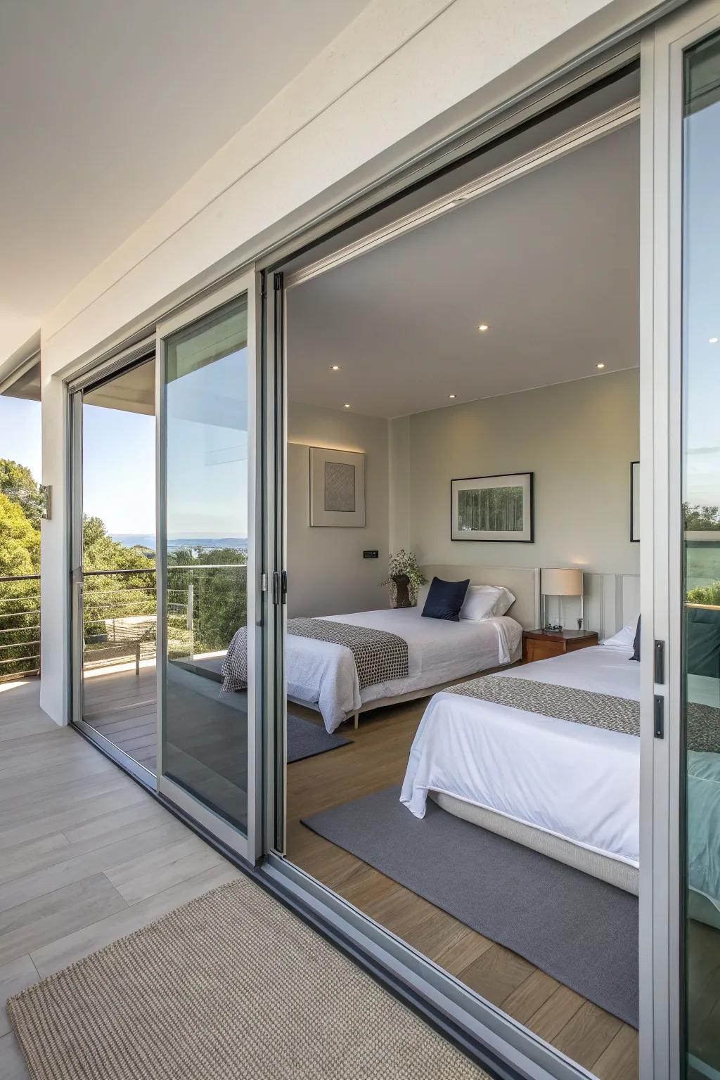 Sliding doors optimize space in the twin bedroom.