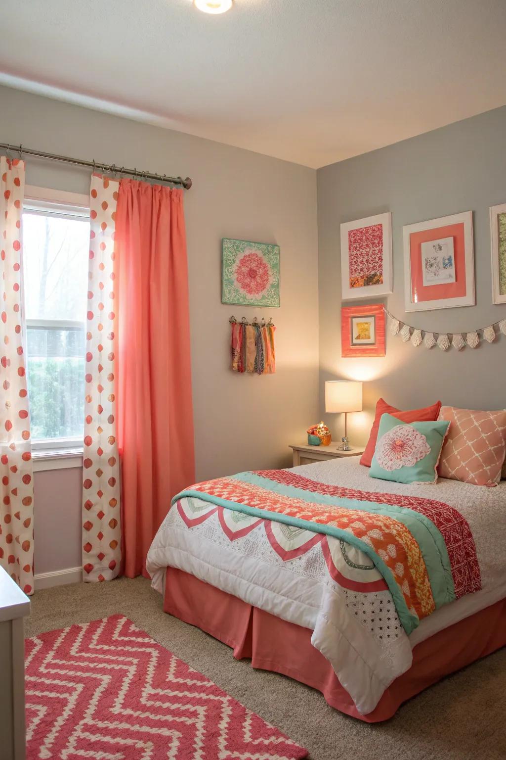 A lively bedroom featuring tangerine and pale gray walls, balancing color and calm.