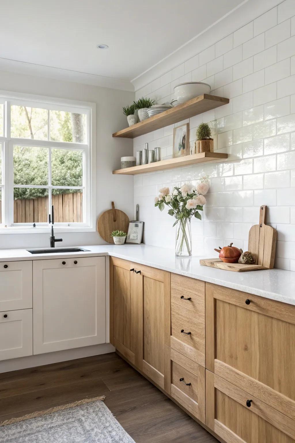 A minimalist alabaster and timber kitchen for a rejuvenating feel.