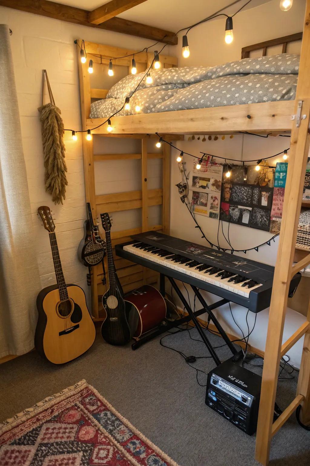 A creative music corner beneath the bunk bed.