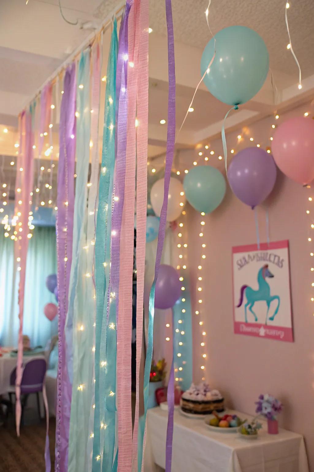 Enchanting unicorn ornamentation featuring soft-hued streamers and effulgent orbs.