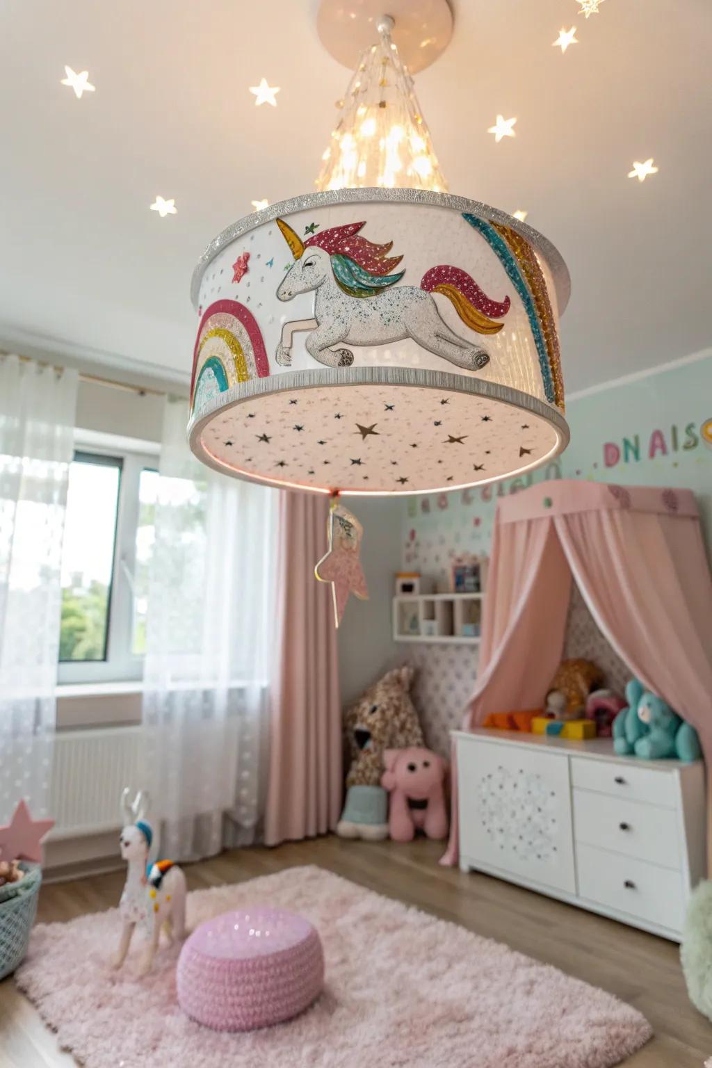 A magical creature light fixture brightens the room with style.