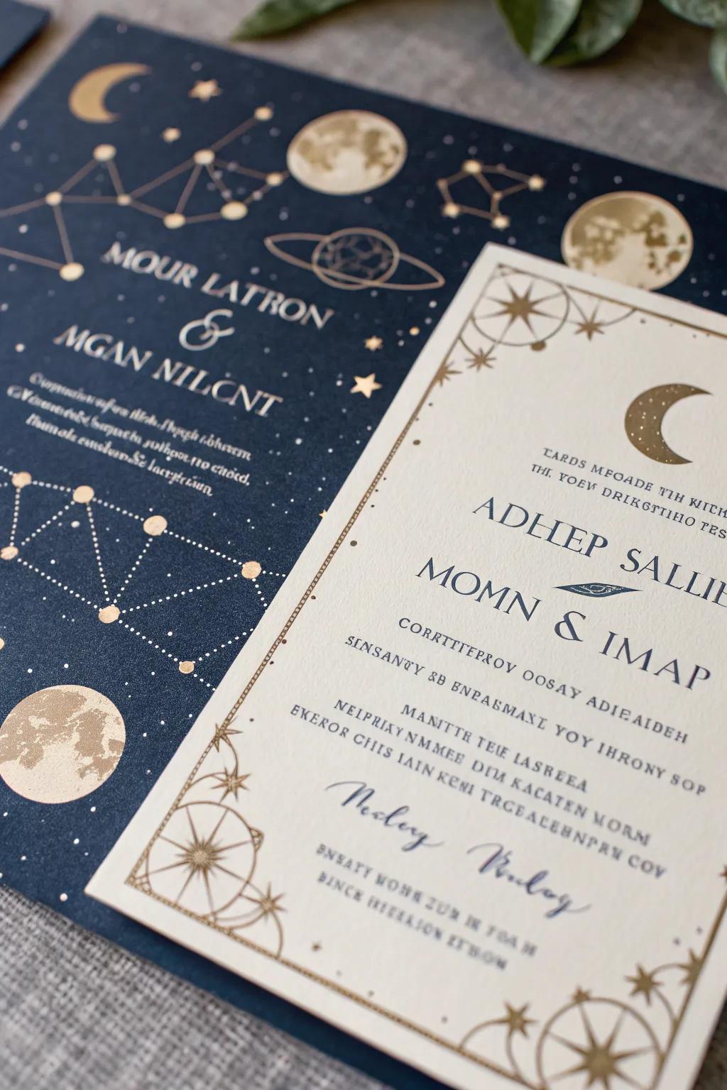 Celestial themes impart a hint of enchantment to wedding invitations.