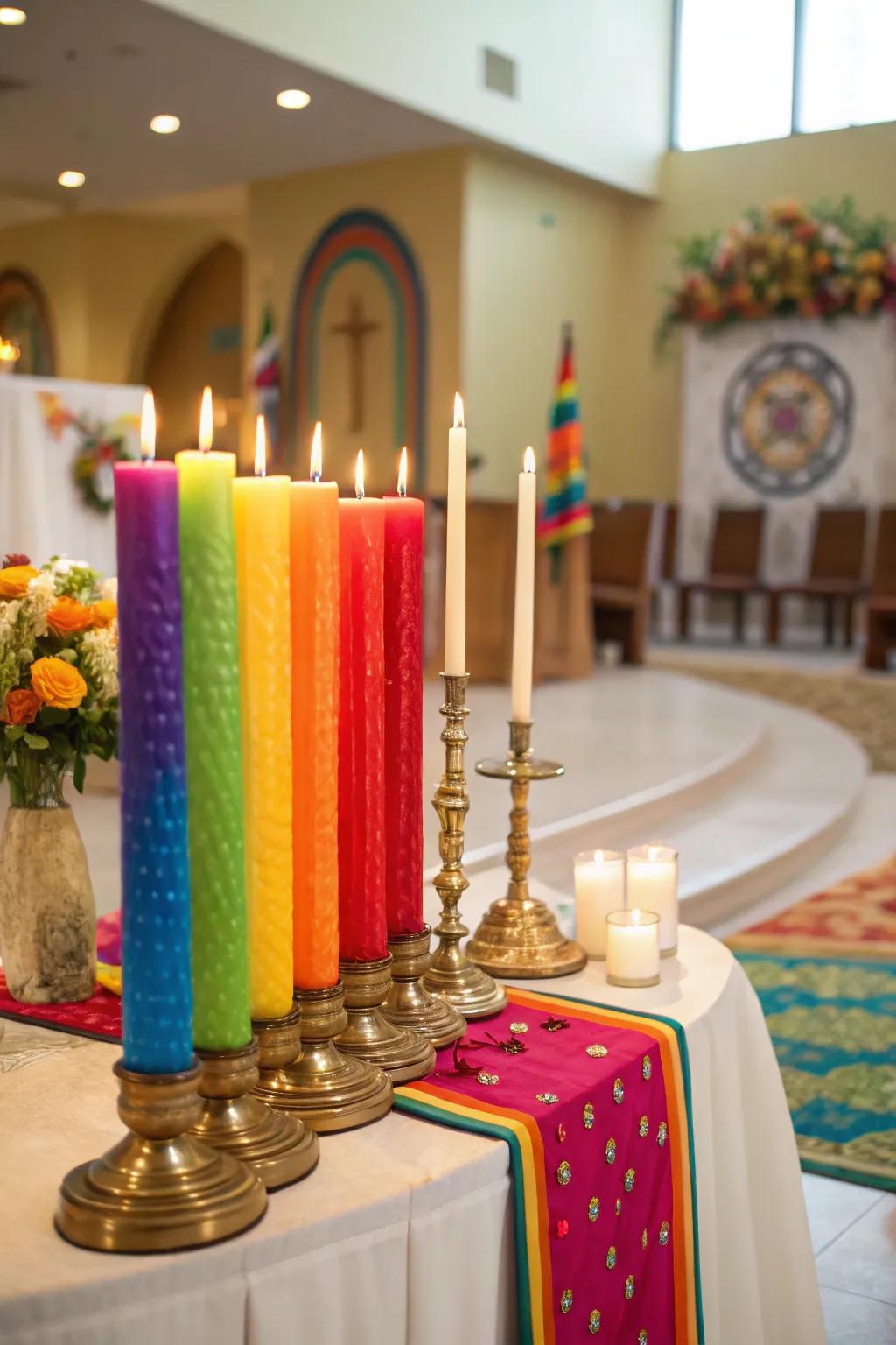 Multihued lights infuse personality into this unity candle table.