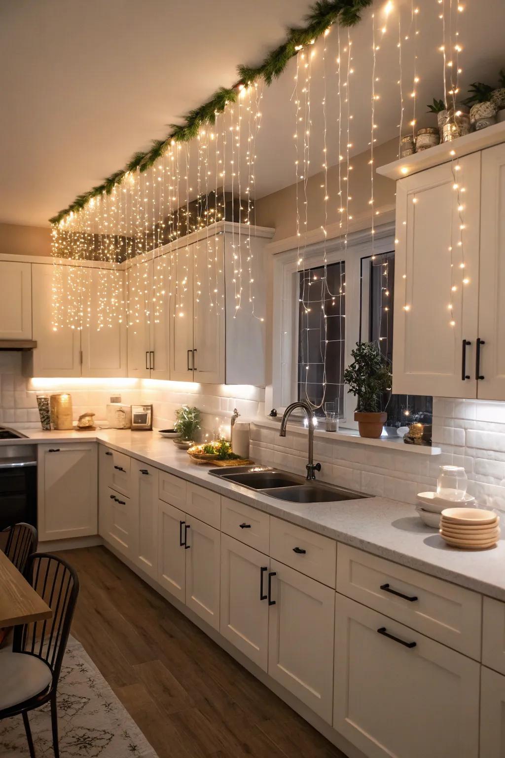 Filament optic lights conjure a magical glimmer impression over cabinets.