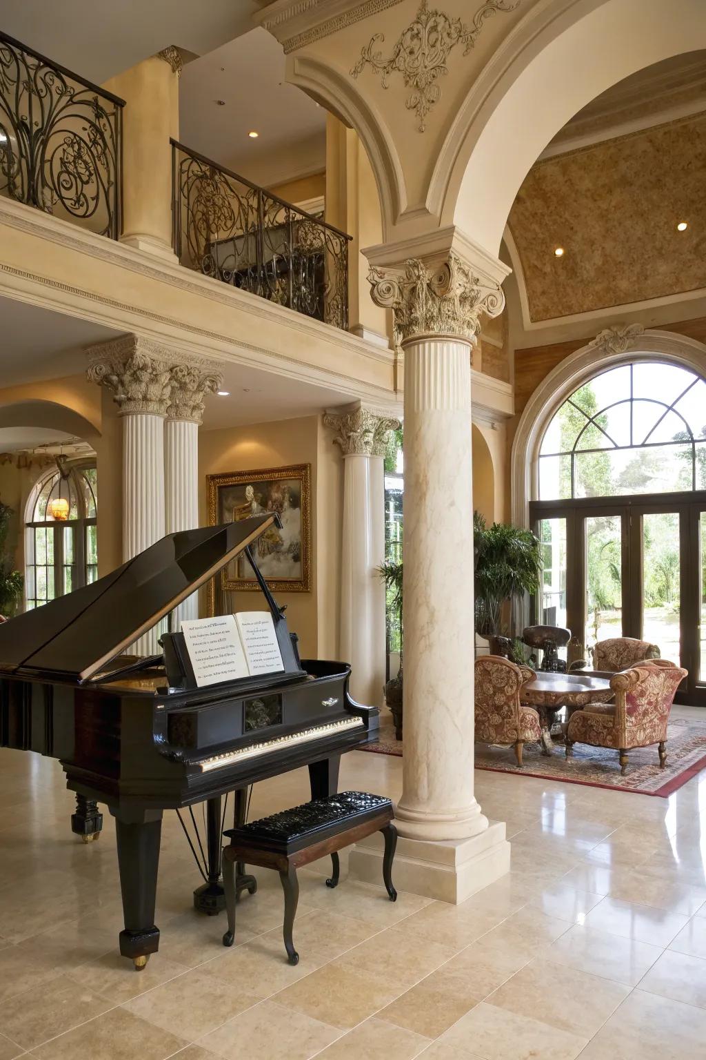 A grand living space showcasing an upright piano enhanced with moldings and columns.