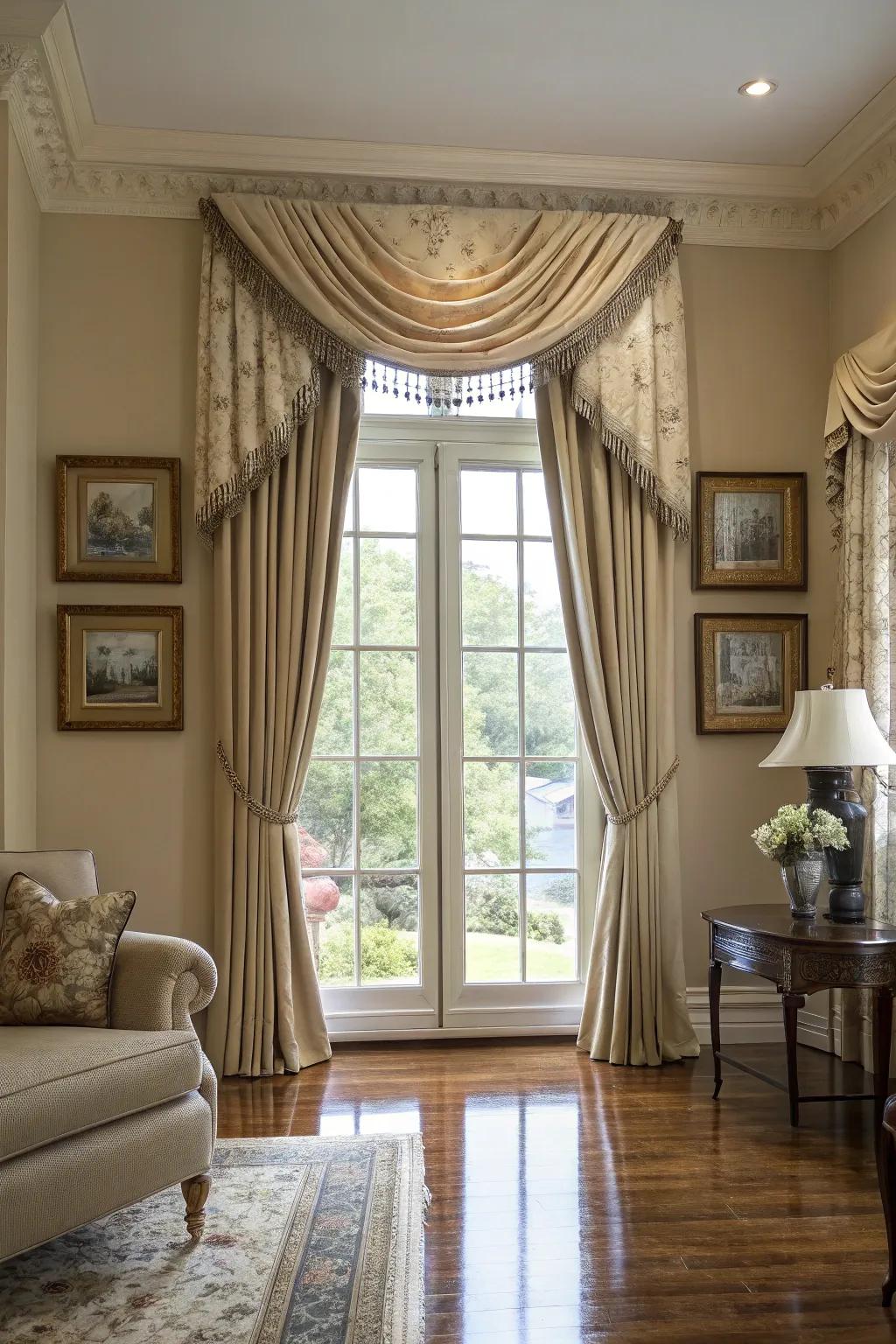 A window displaying a muted-colored topper in a sophisticated living space.