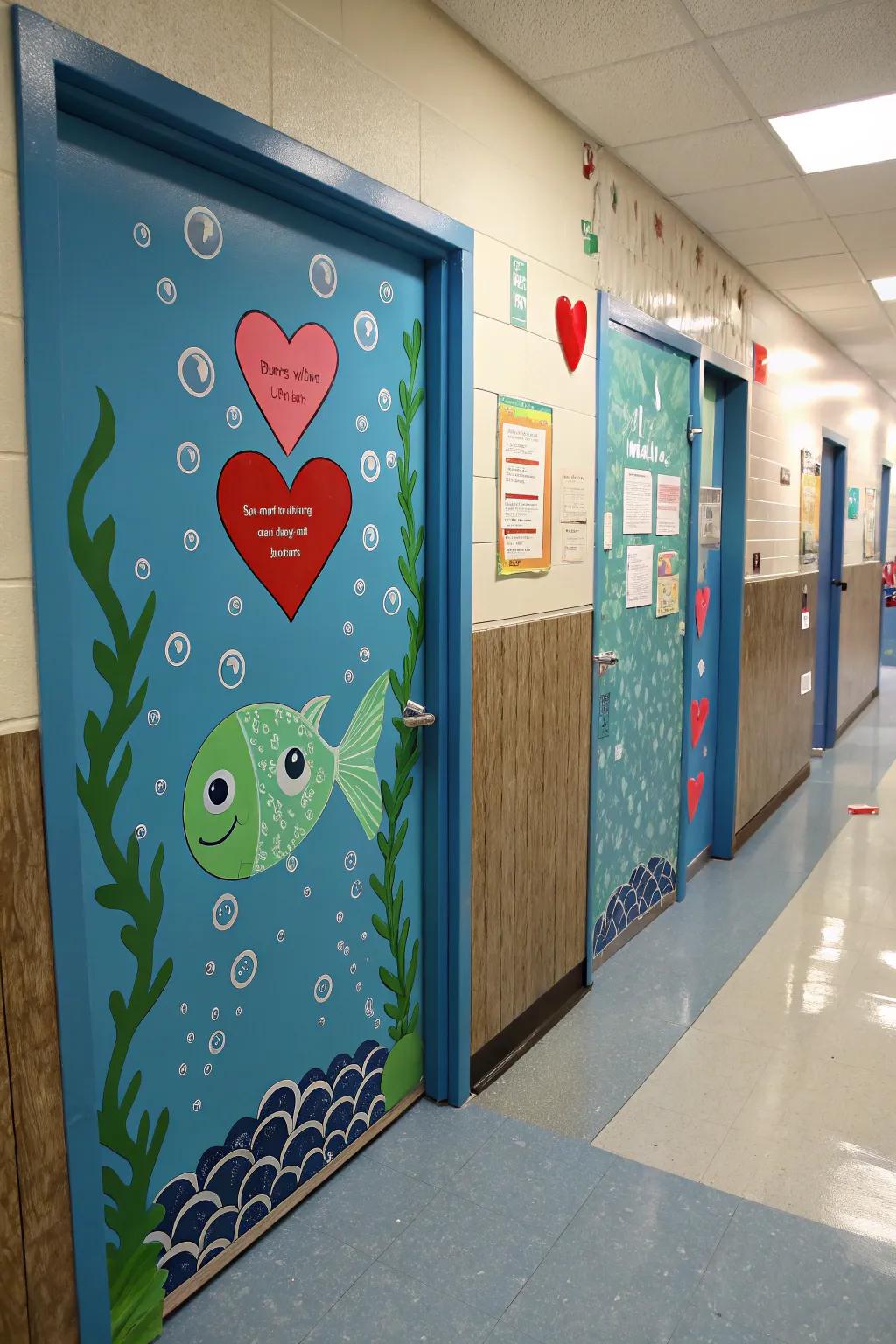 A playful classroom door with an ocean theme, showcasing heart-shaped fish.