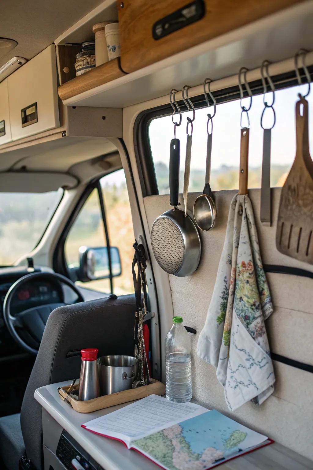 Hooks constitute a prudent resolution for maintaining your van's tidiness and systematization.