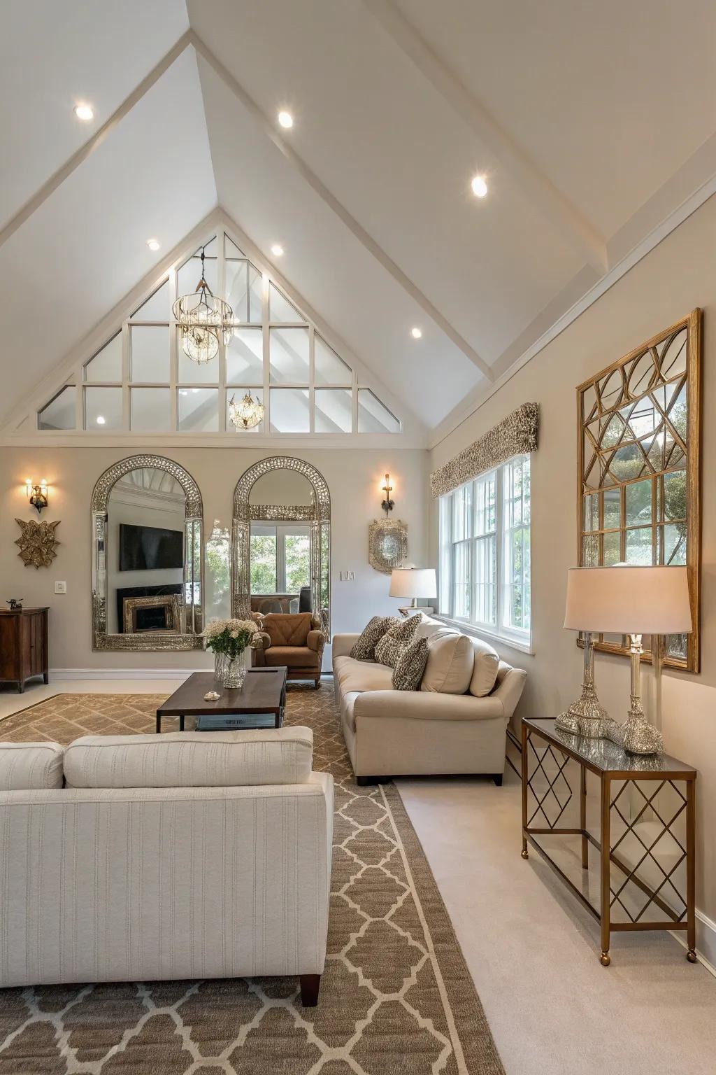 Living room featuring a vaulted ceiling and reflective accent wall