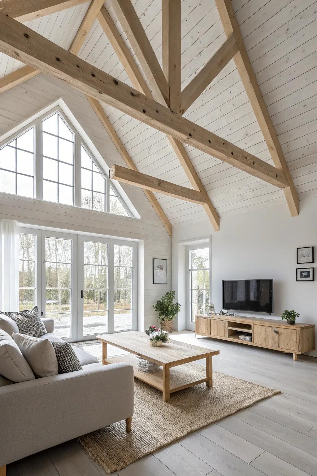 Scandinavian simplicity with light wood beams on a vaulted ceiling.