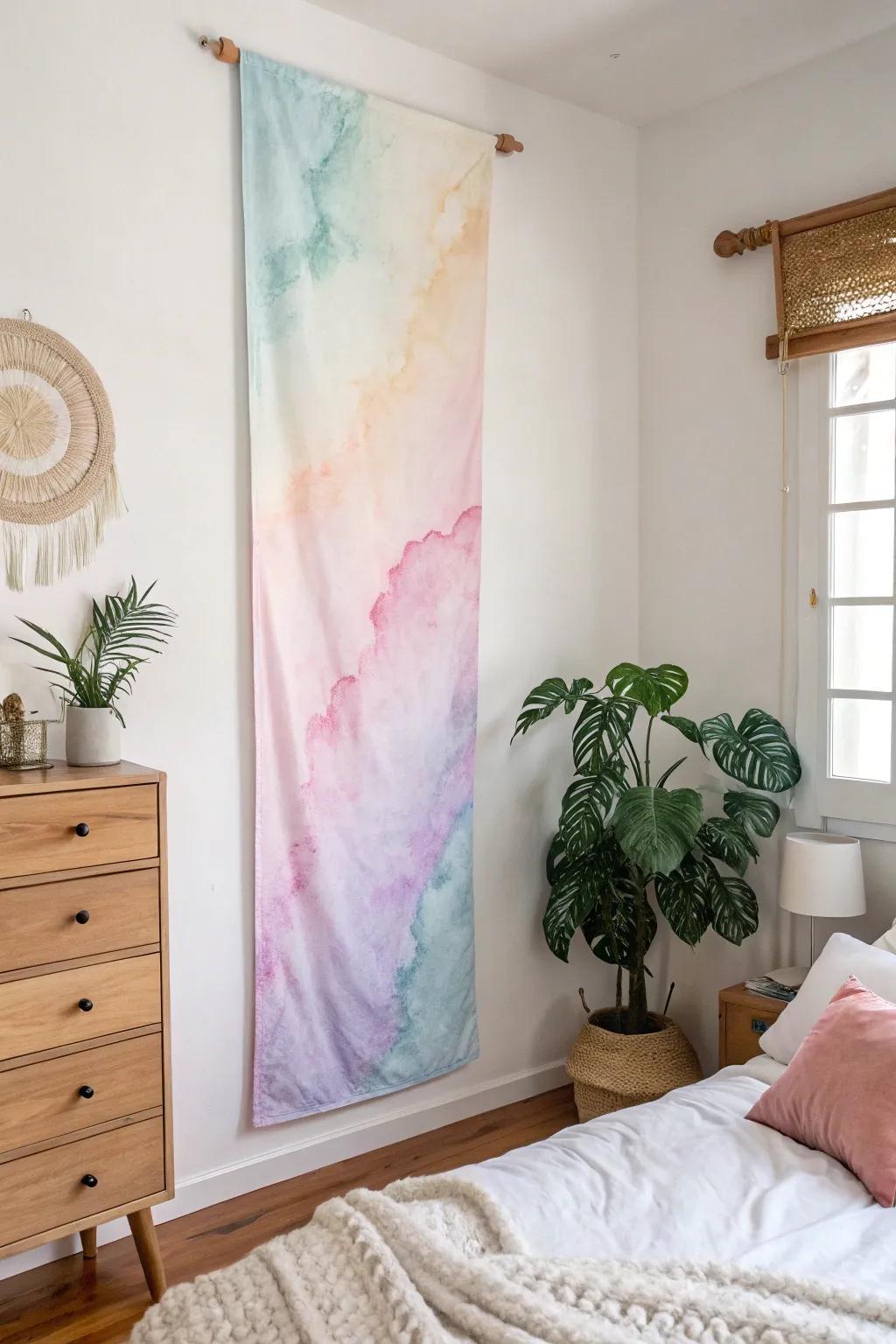 Abstract watercolors on a display impart a calming touch to a bedroom.