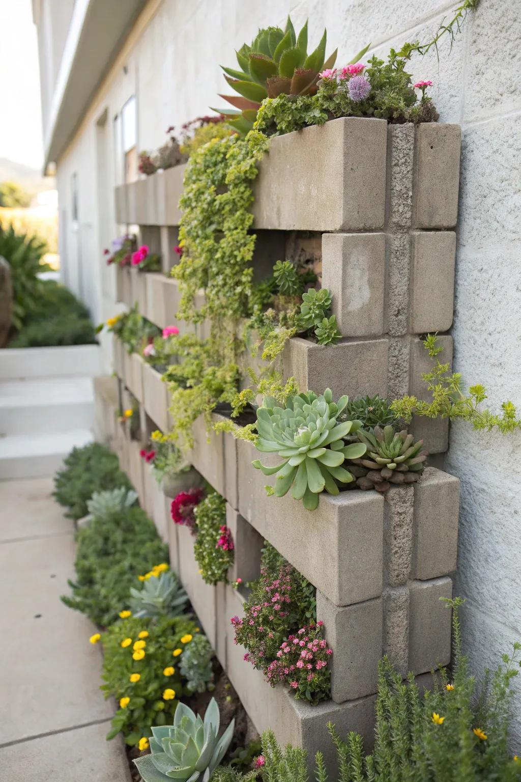 A modern upright garden employing cinder blocks for succulents.