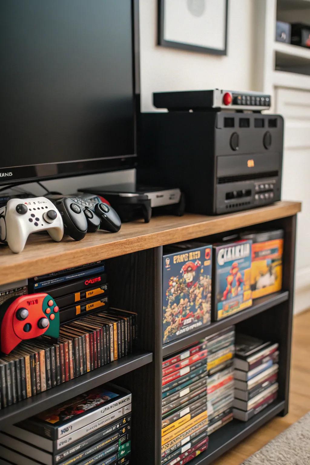 A multi-purpose TV stand functioning as both entertainment center and game storage.