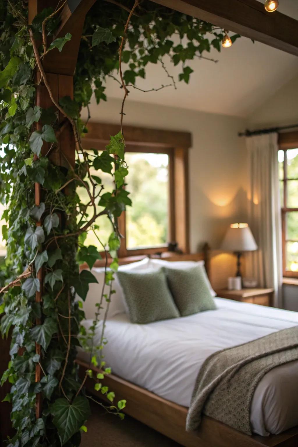 Infuse organic elegance into your bedroom using vines as a headboard feature.
