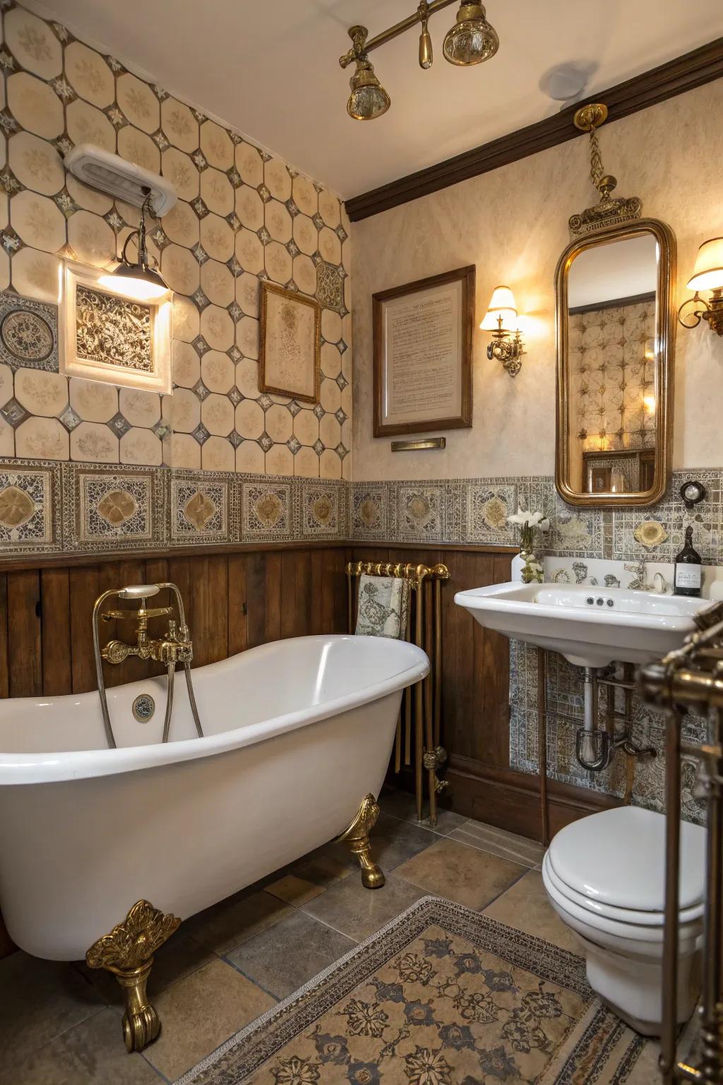 Combined metals establish a layered and interesting vintage bathroom design.