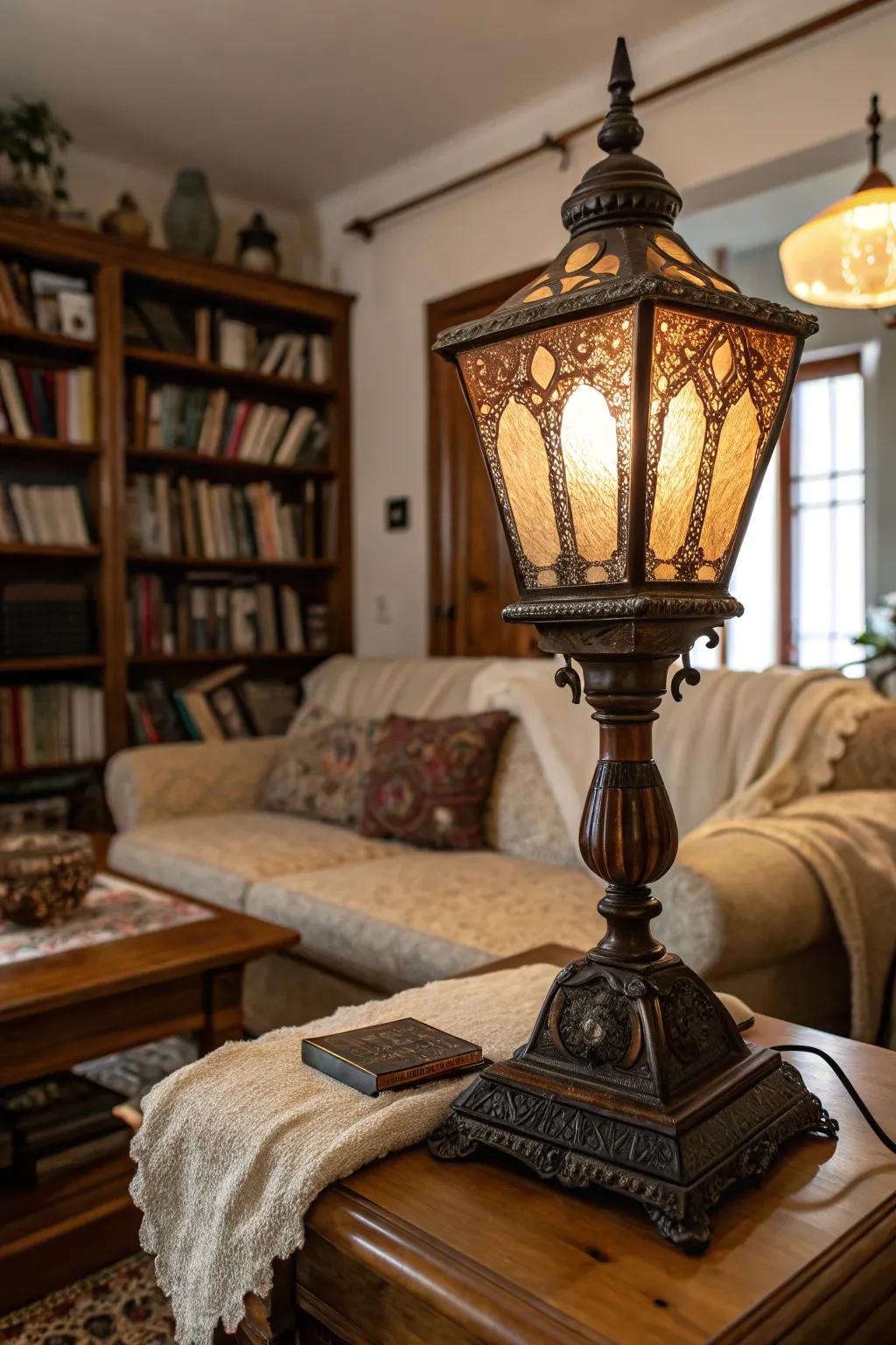A traditional vintage lamp arrangement illuminating a living room.