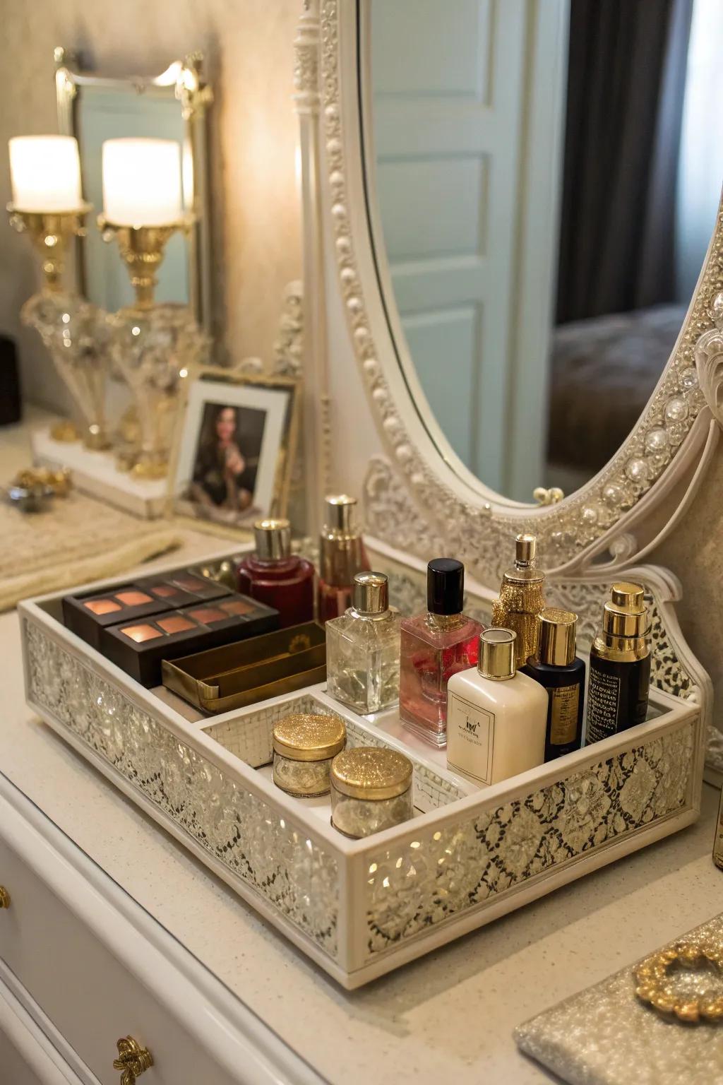 Vintage trays offer elegant organization solutions for your vanity.