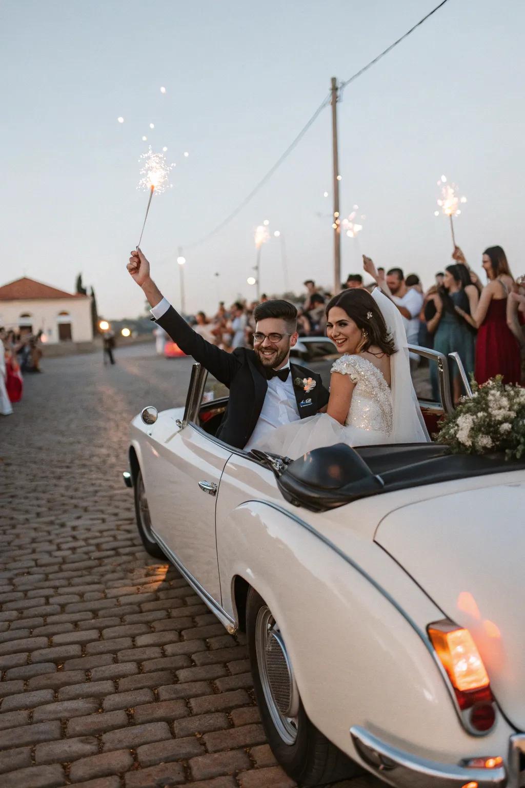A couple makes a stylish exit aboard a vintage convertible car.