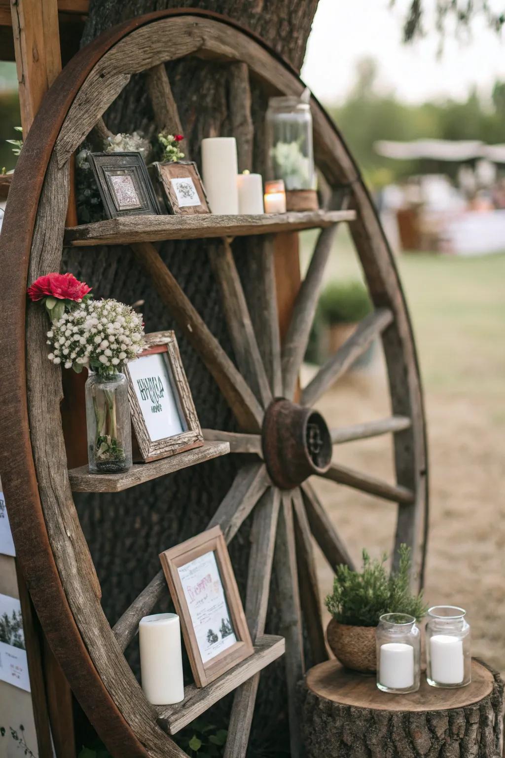 Suspended racks incorporate functionality to this ornamental cartwheel.