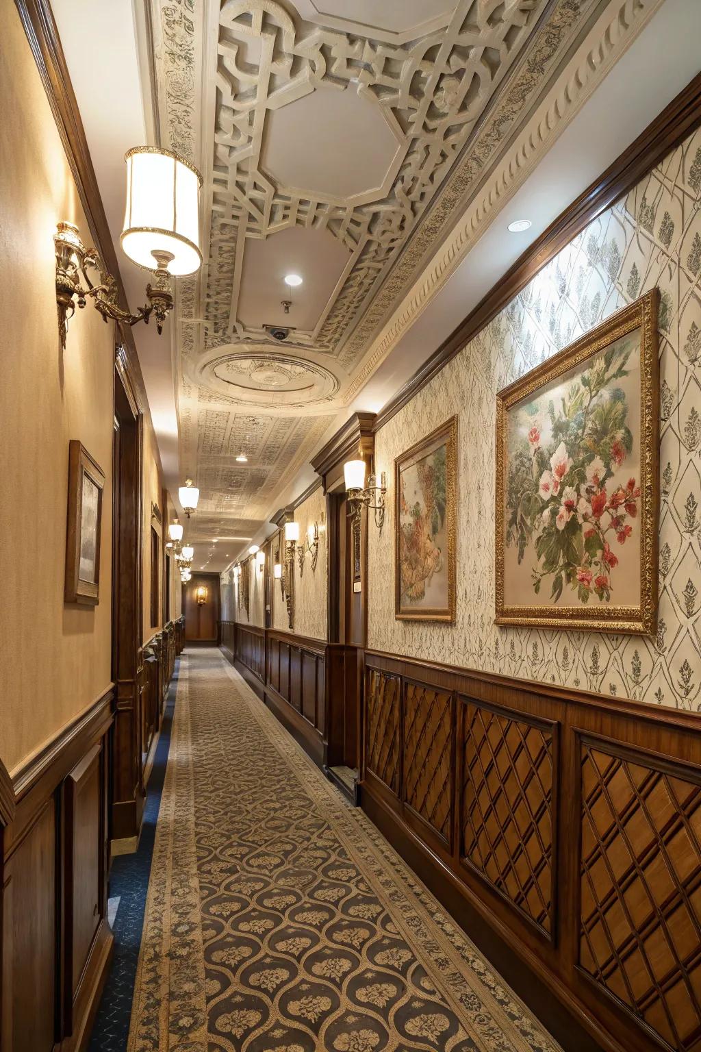A hallway adorned with artistic patterned wainscoting.