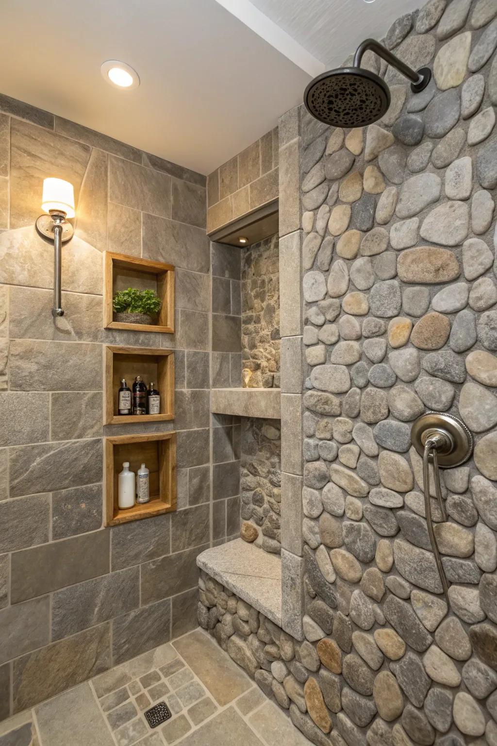 Stone shower with concealed indentations for storage.