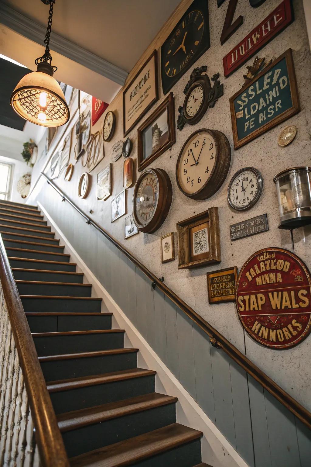 Vintage pieces can evoke a sense of nostalgia on your stairway wall.