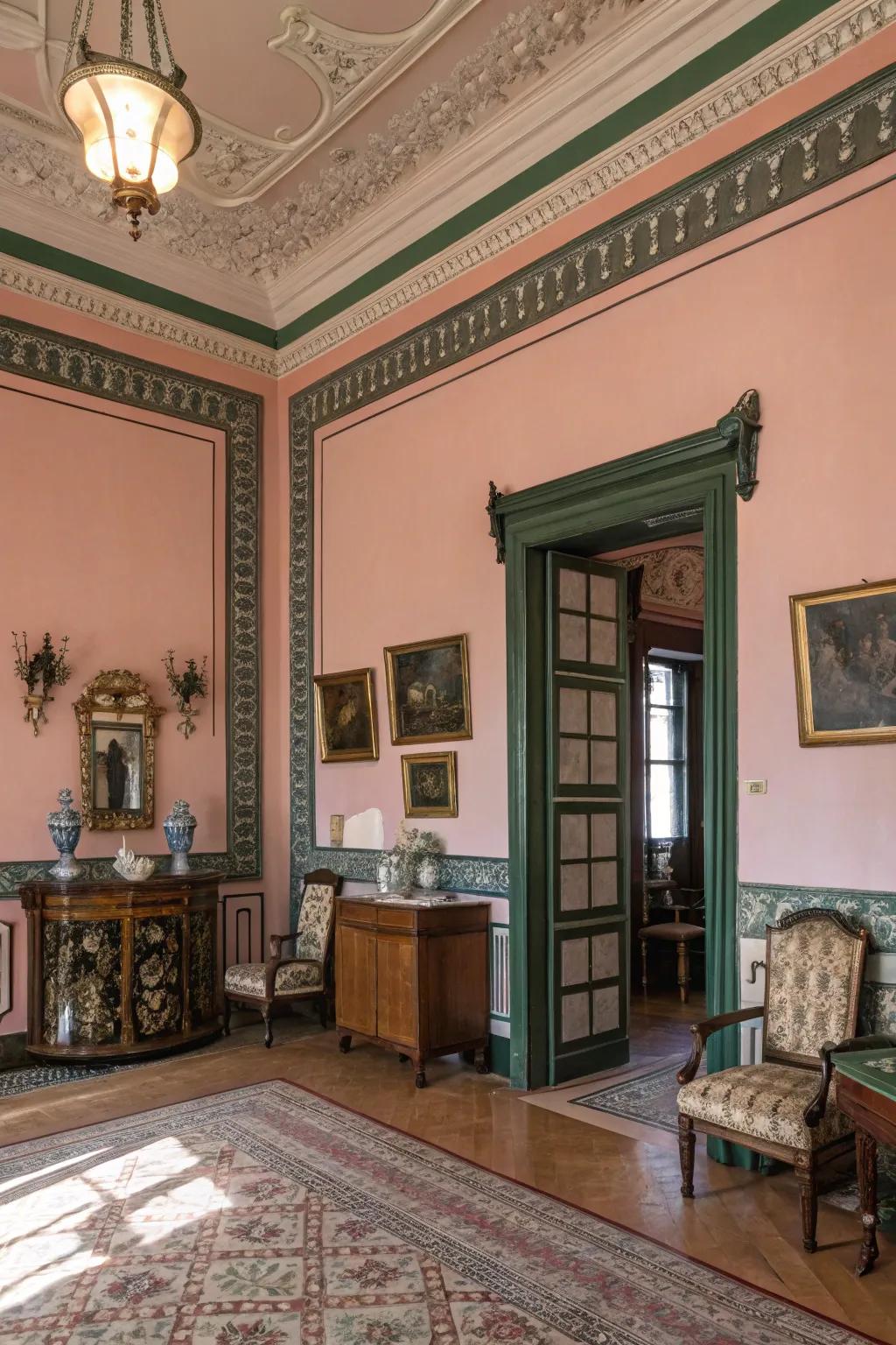 Vintage charm with rose walls and forest trim.