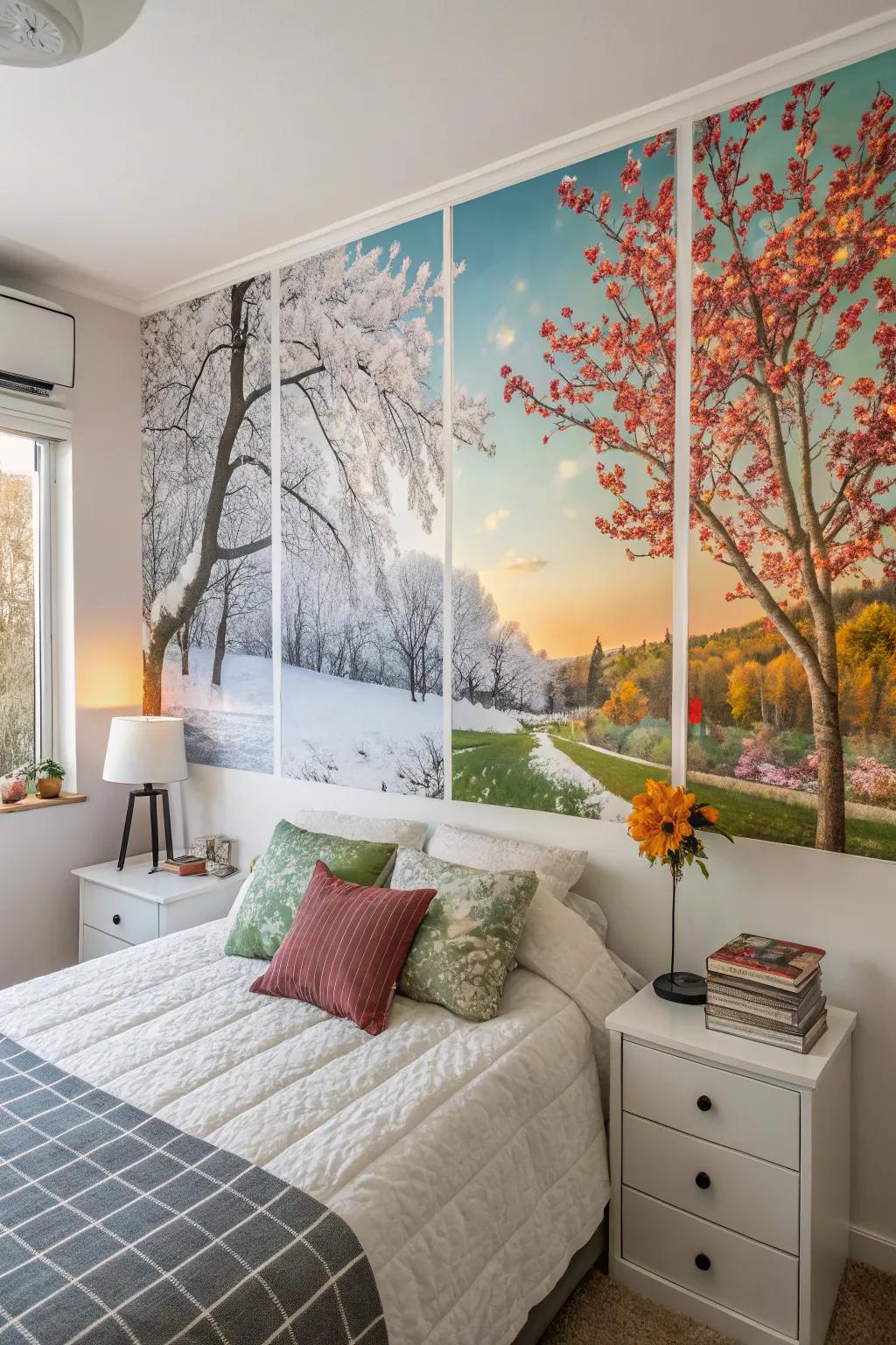 Seasonal art swaps refresh the mood of your bedroom.