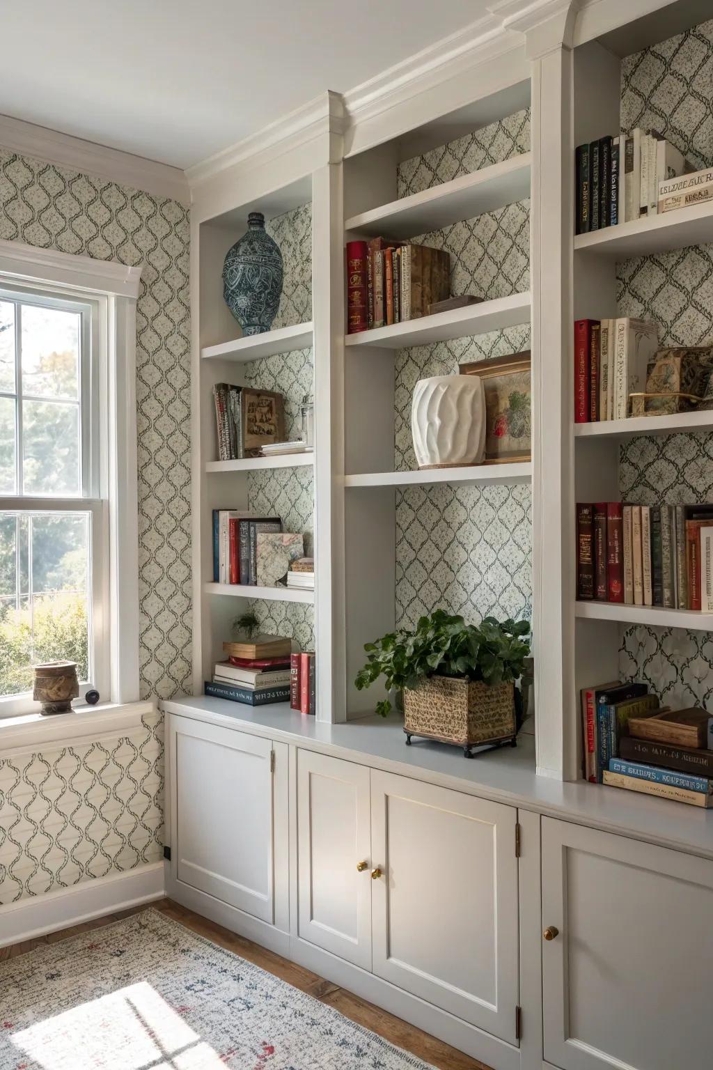 Wallpaper accents add flair and distinctive charm to your bookshelves.