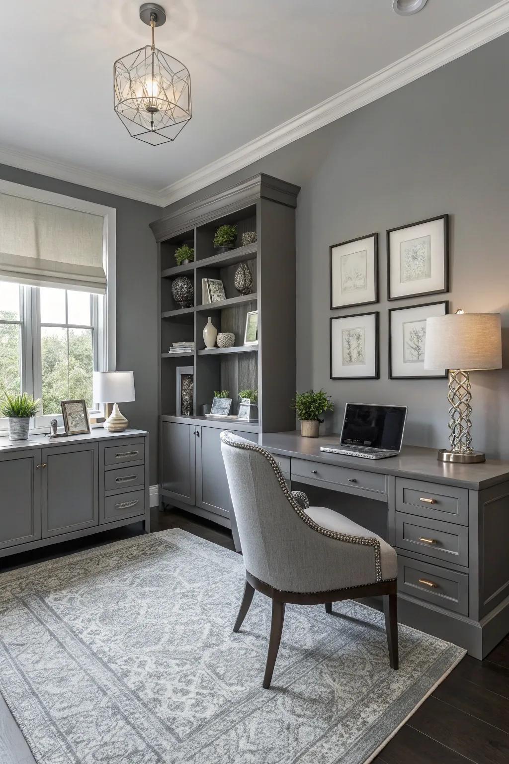 A monochromatic gray palette in a refined home workplace.