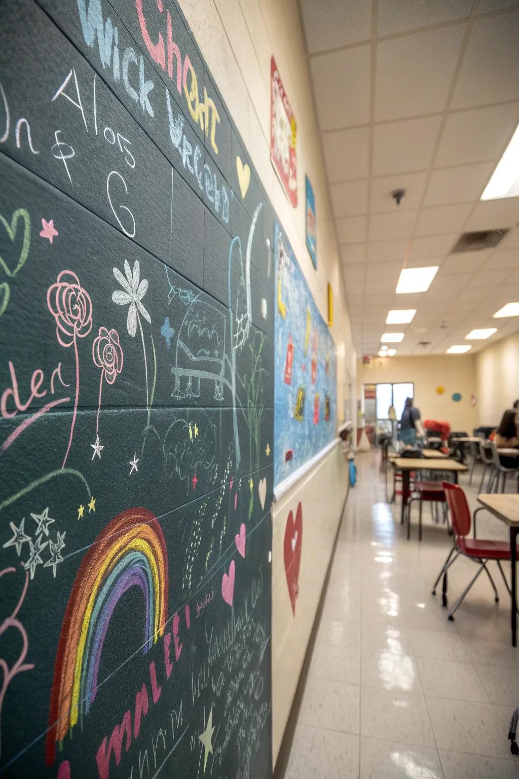 Wall coated in chalkboard paint and filled with pupil creativity