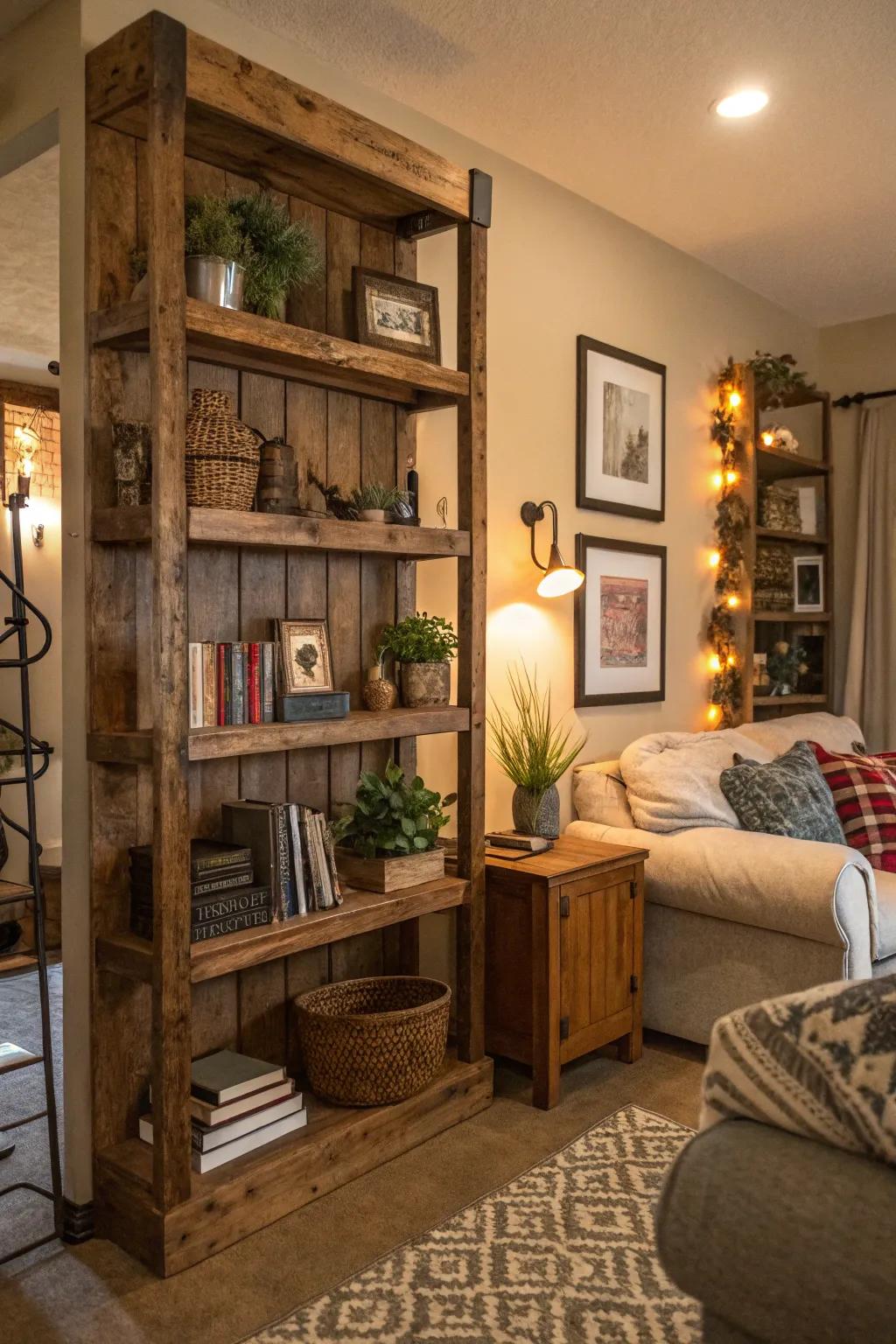 Wrap your space in comfort with rustic wooden shelves.