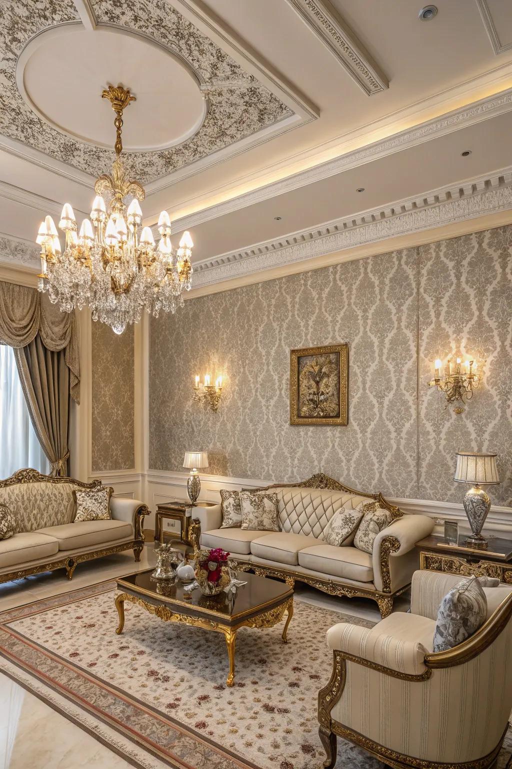 A living room that feels like a palace with a regal wallpaper edging.