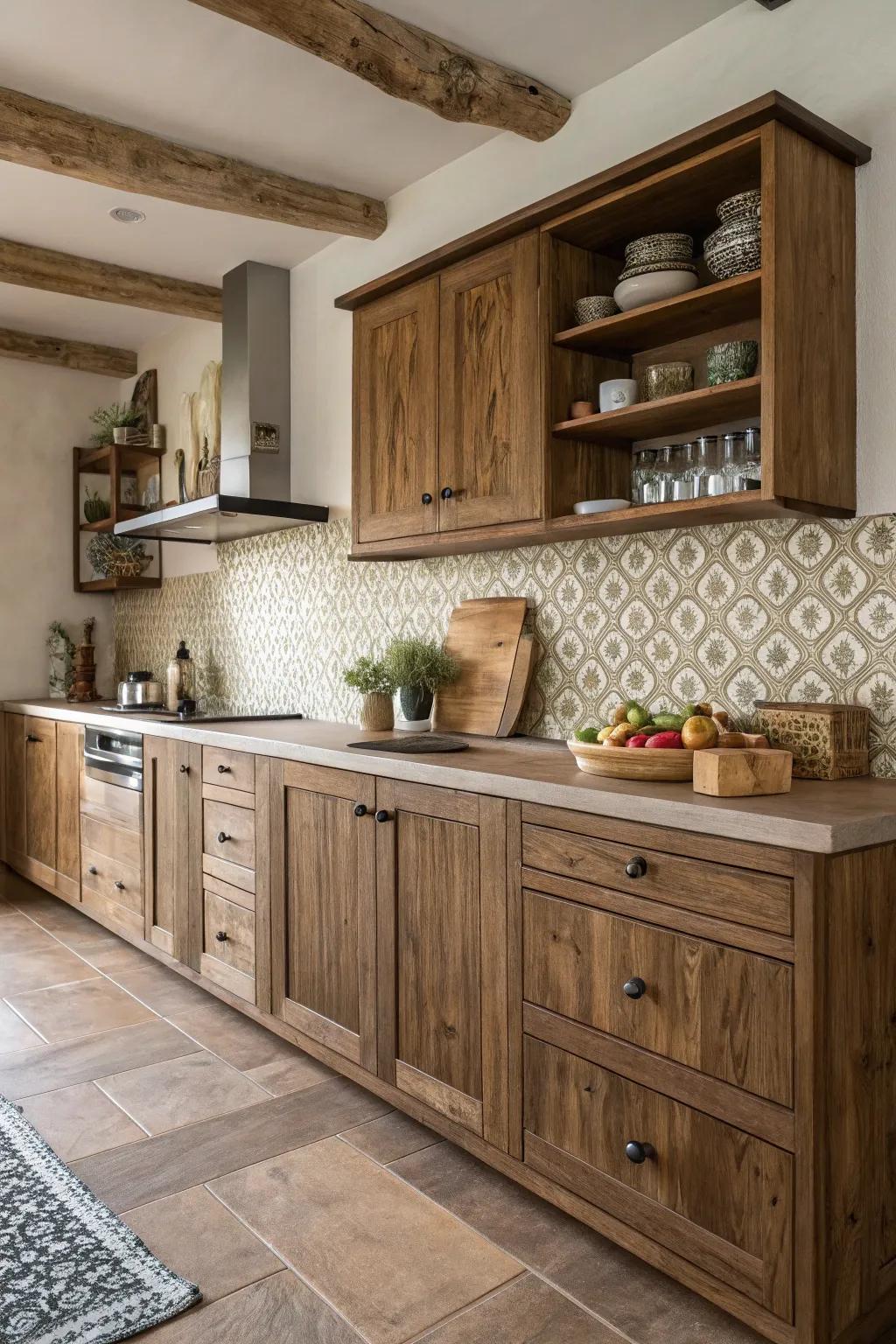 Natural finishes highlight the rustic charm of hickory cabinets.