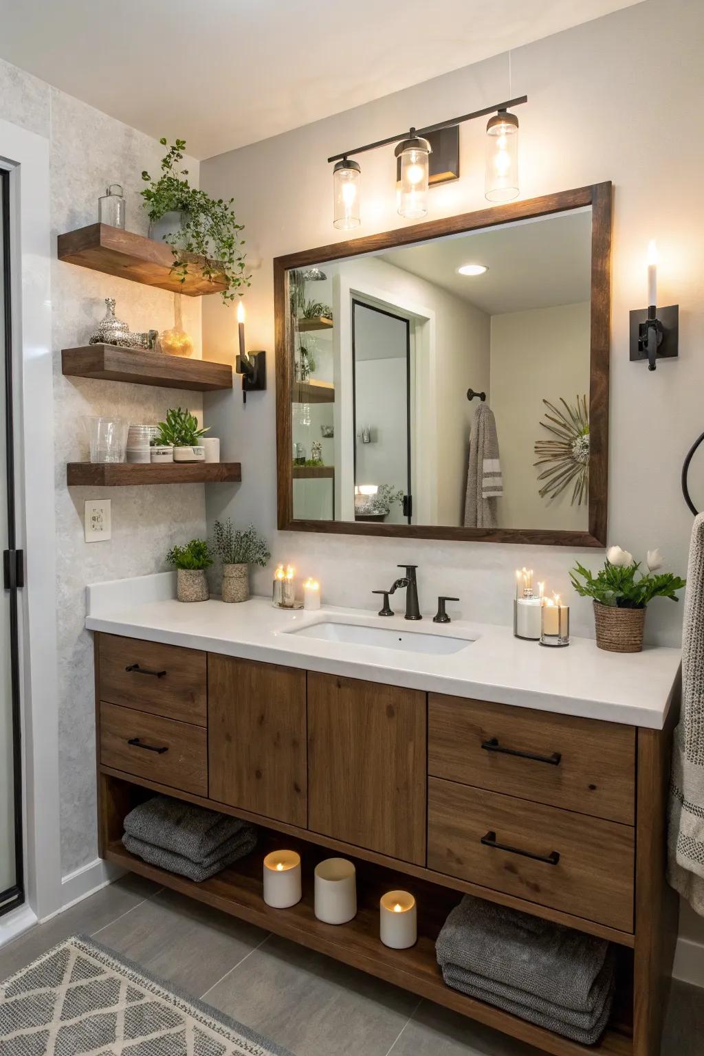 Bolster practicality and visual appeal with suspended shelving within your bathroom.