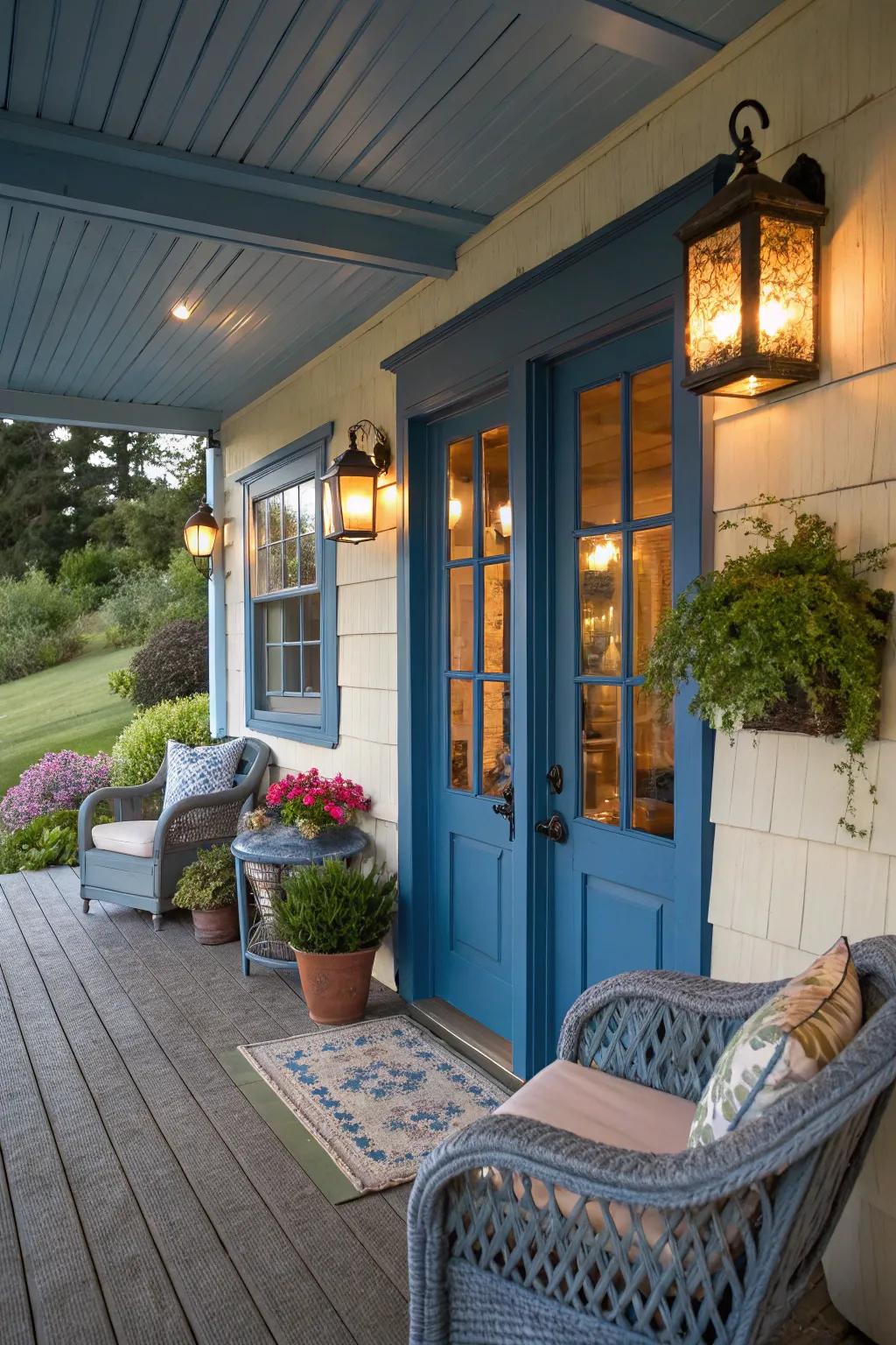 Create a welcoming vibe with cerulean accents in your outdoor welcome zone.