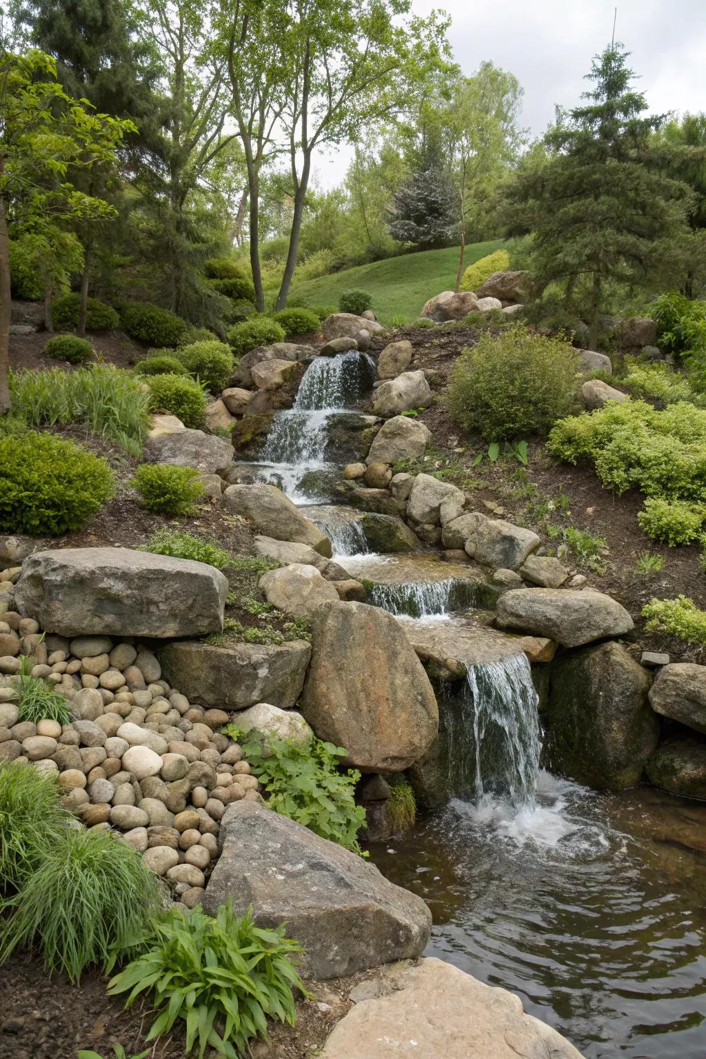 A stunning stone waterfall gracefully cascading down a natural slope in a garden.