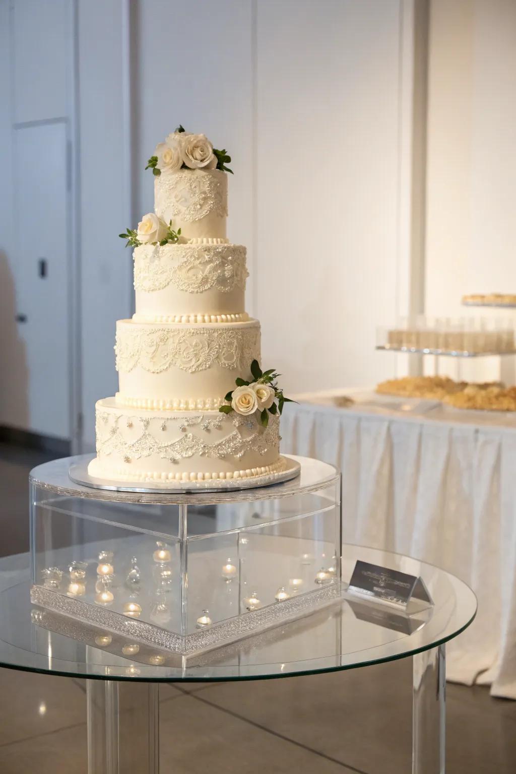 Acrylic platforms providing a modern touch to the wedding cake display.