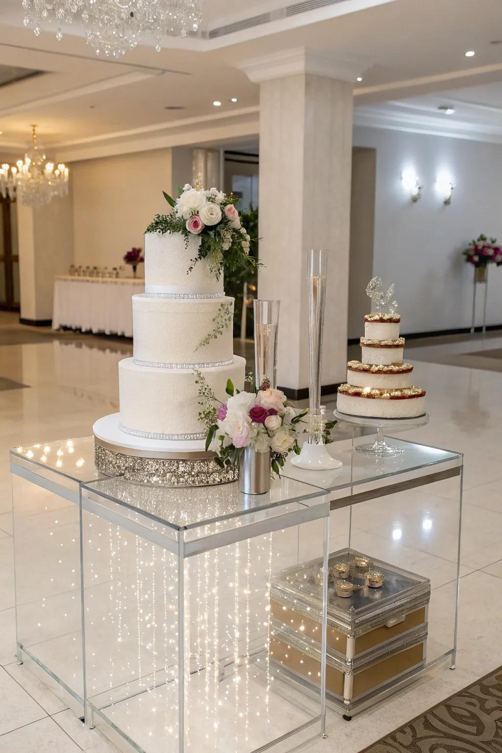 A modern wedding cake setting styled with streamlined glassy embellishments.