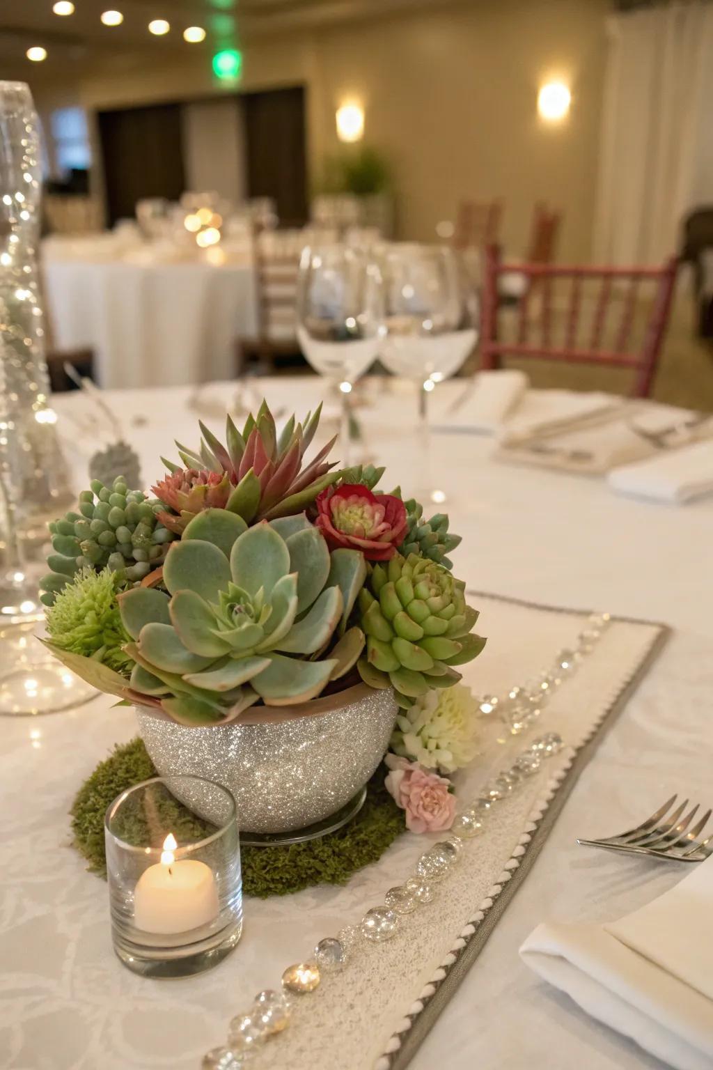 Succulents furnish a trendy and environmentally conscientious centerpiece alternative.