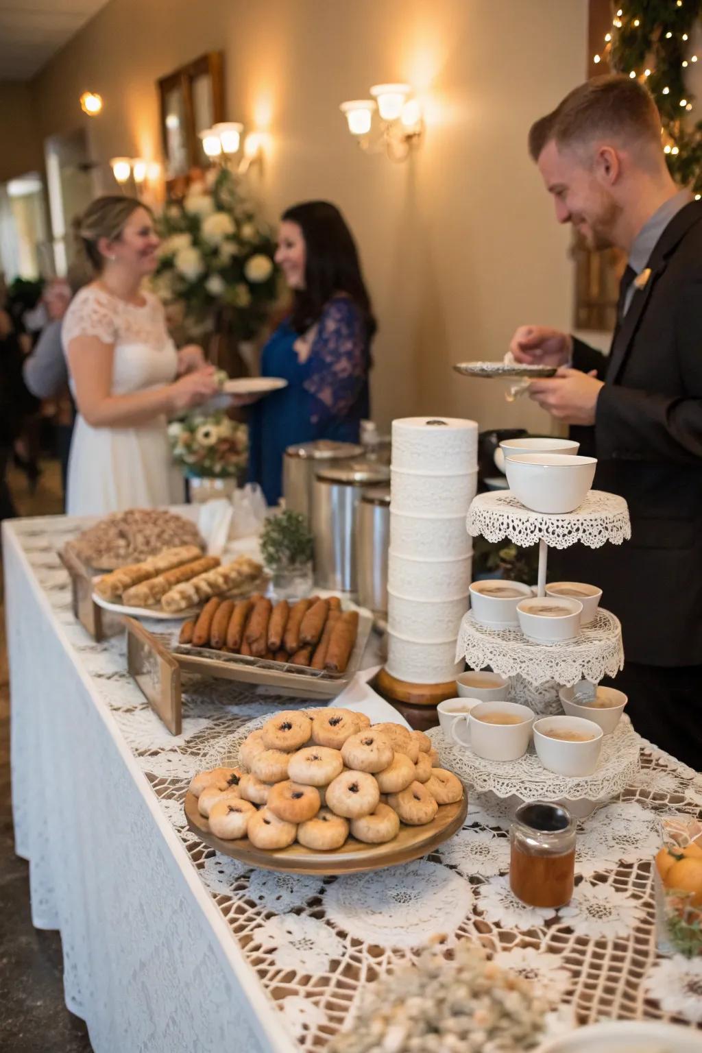 Coffee and sweet bites pairing at a wedding coffee bar.