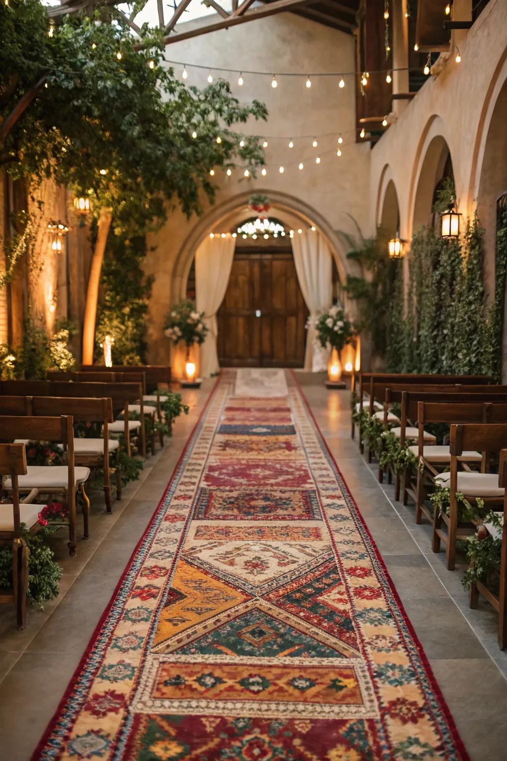 A wedding aisle adorned with antique rugs, adding a carefree stylish touch to the ceremony.