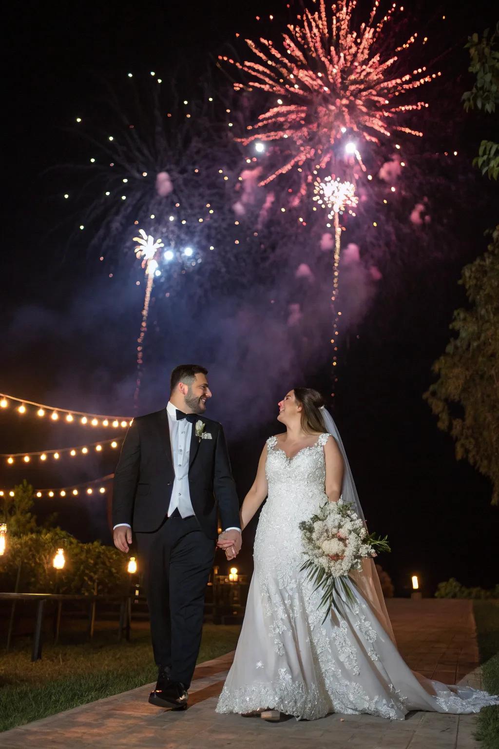 An impressive pyrotechnic display commemorates the couple's entrance.