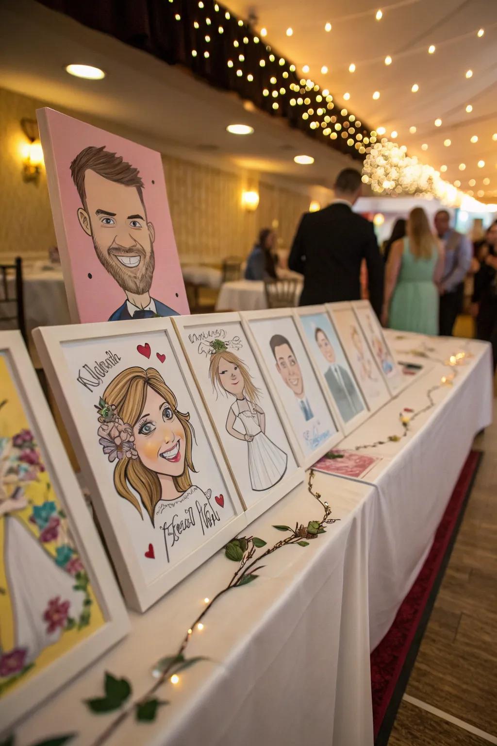 Painted likeness drawings giving a lighthearted, indelible celebration keepsake