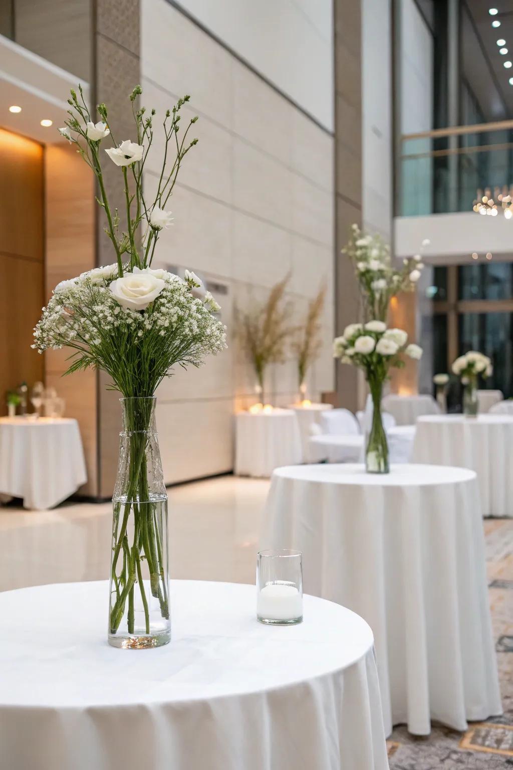 Understated solitary-stem arrangements, providing a chic and sophisticated look for a contemporary wedding.