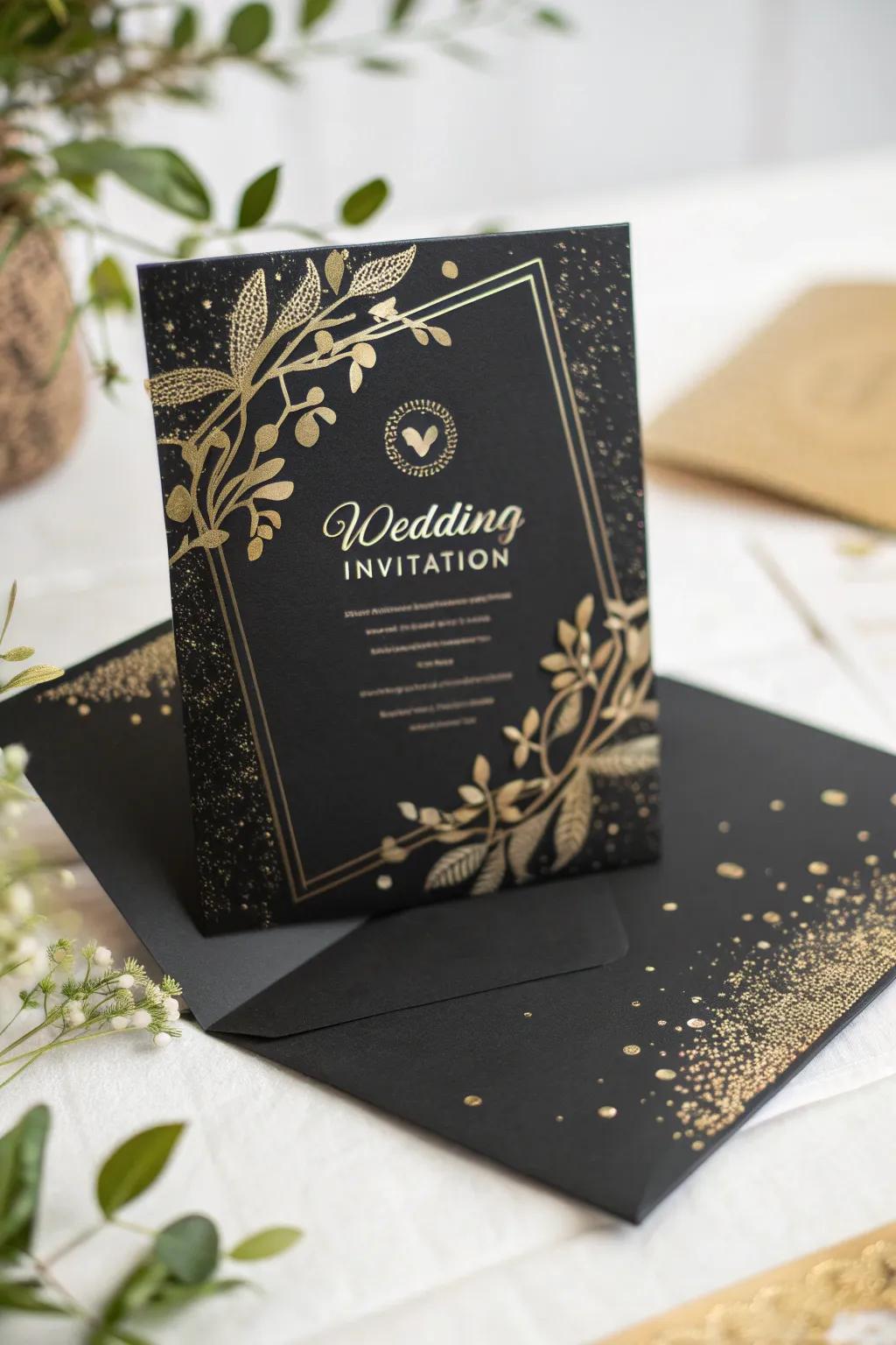 Announcement with gilded foil highlights on dark paper.