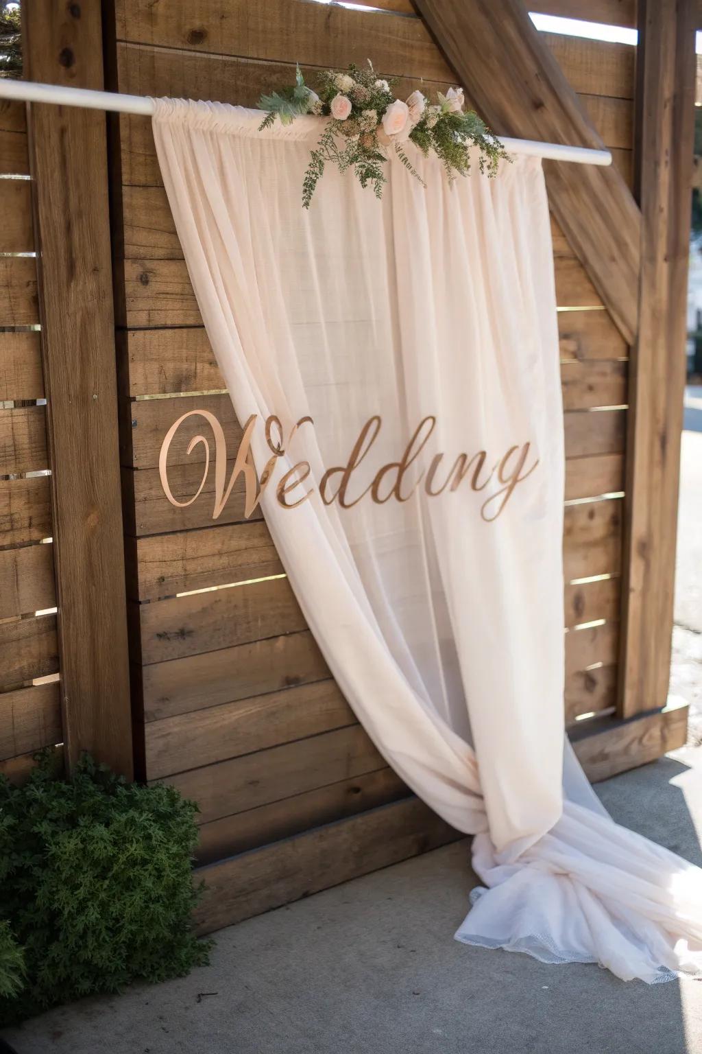 A textile sign introduces a soft, elegant touch to the wedding venue.