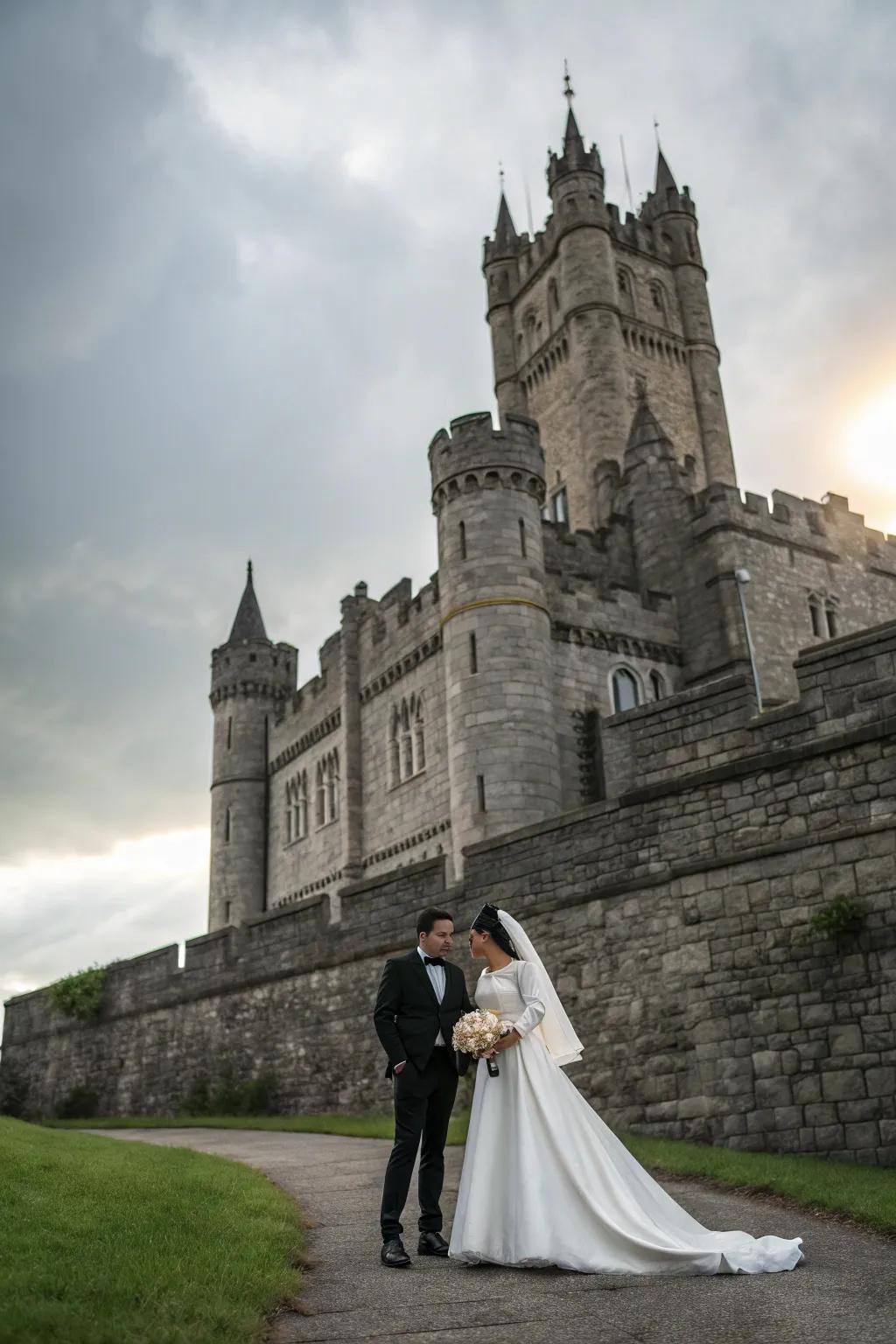 A couple embracing in front of a majestic stone castle for a fairytale wedding.