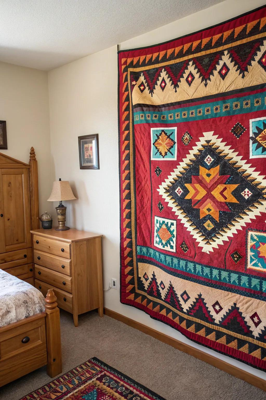 Southwestern quilt adding color and warmth to a bedroom.